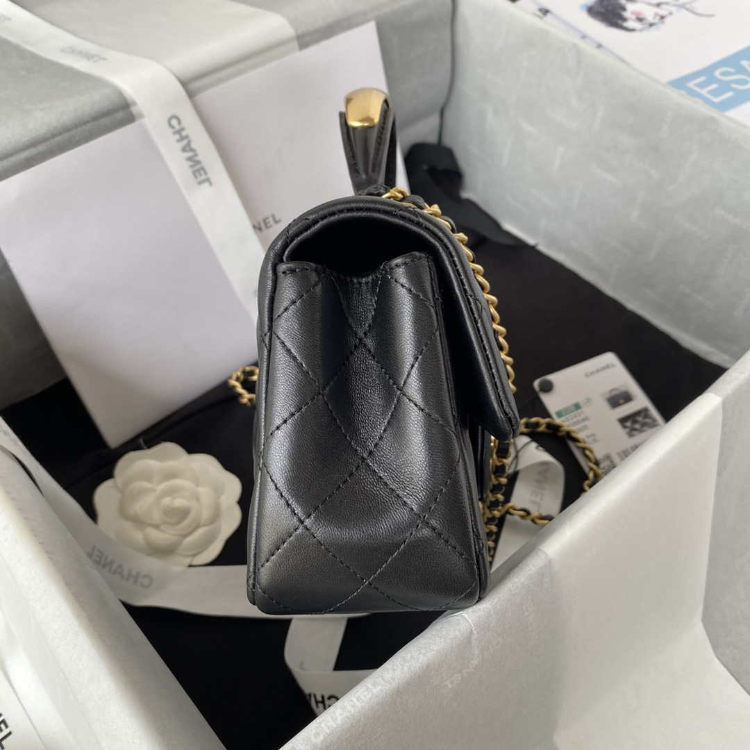 Chanel AS2431 Mini flap Black Lambskin bag with top handle Gold | chanel as2431 mini flap black lambskin bag with top handle gold 005