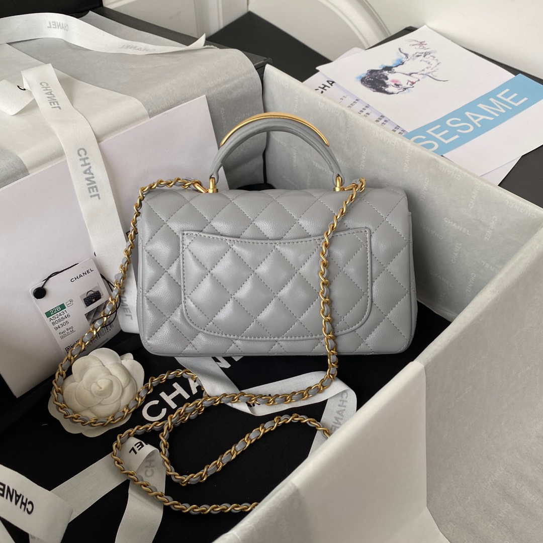 Chanel AS2431 Mini flap Gray Lambskin bag with top handle Gold | chanel as2431 mini flap gray lambskin bag with top handle gold 002