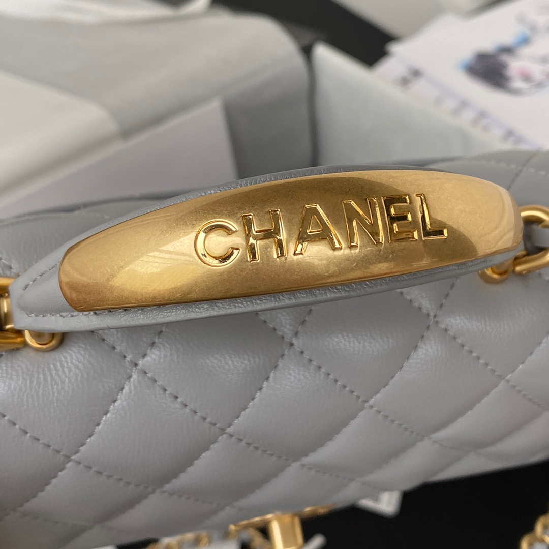 Chanel AS2431 Mini flap Gray Lambskin bag with top handle Gold | chanel as2431 mini flap gray lambskin bag with top handle gold 004