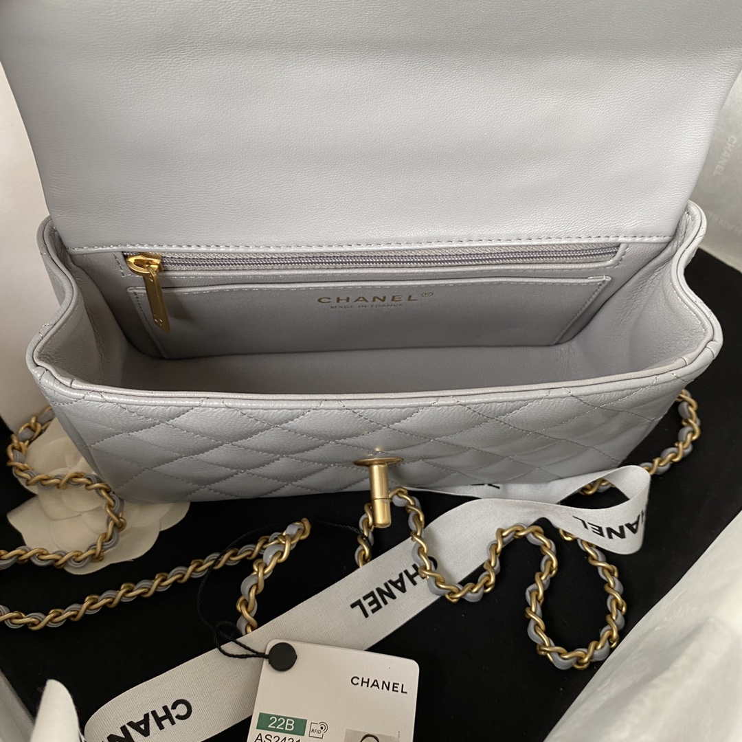 Chanel AS2431 Mini flap Gray Lambskin bag with top handle Gold | chanel as2431 mini flap gray lambskin bag with top handle gold 007