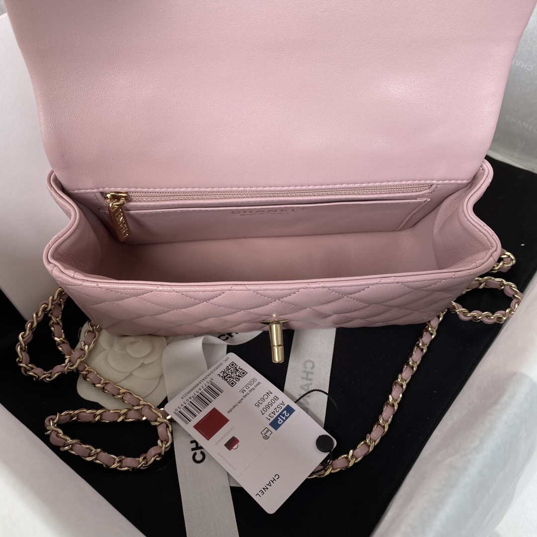 Chanel AS2431 Mini flap Lambskin bag with top handle Light gold Dark Pink | chanel as2431 mini flap lambskin bag with top handle light gold dark pink 007