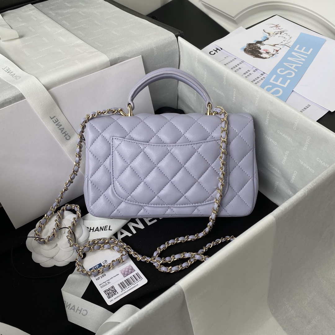 Chanel AS2431 Mini flap Lambskin bag with top handle Light gold Purple | chanel as2431 mini flap lambskin bag with top handle light gold purple 002