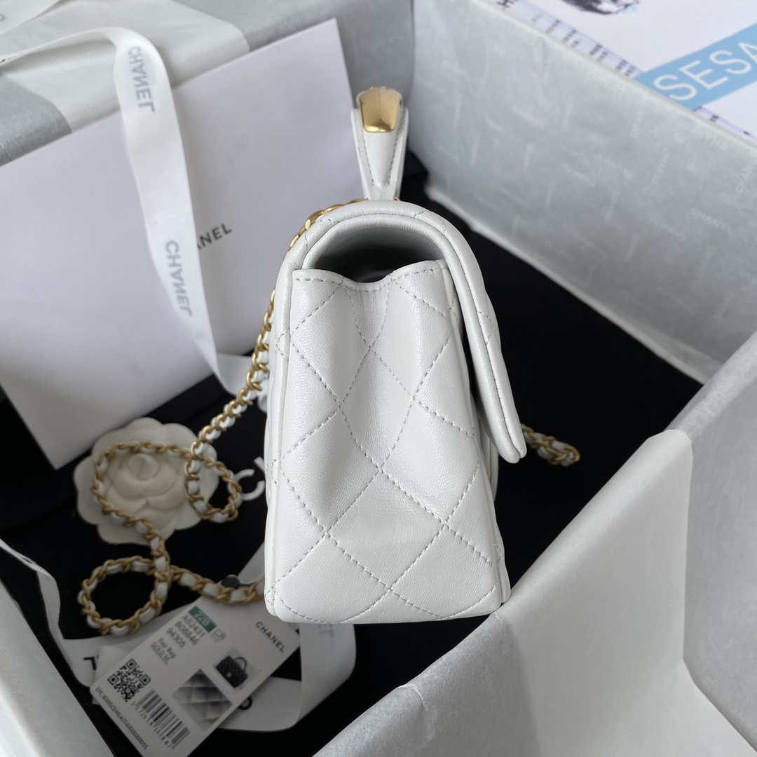 Chanel AS2431 Mini flap White Lambskin bag with top handle Gold | chanel as2431 mini flap white lambskin bag with top handle gold 005