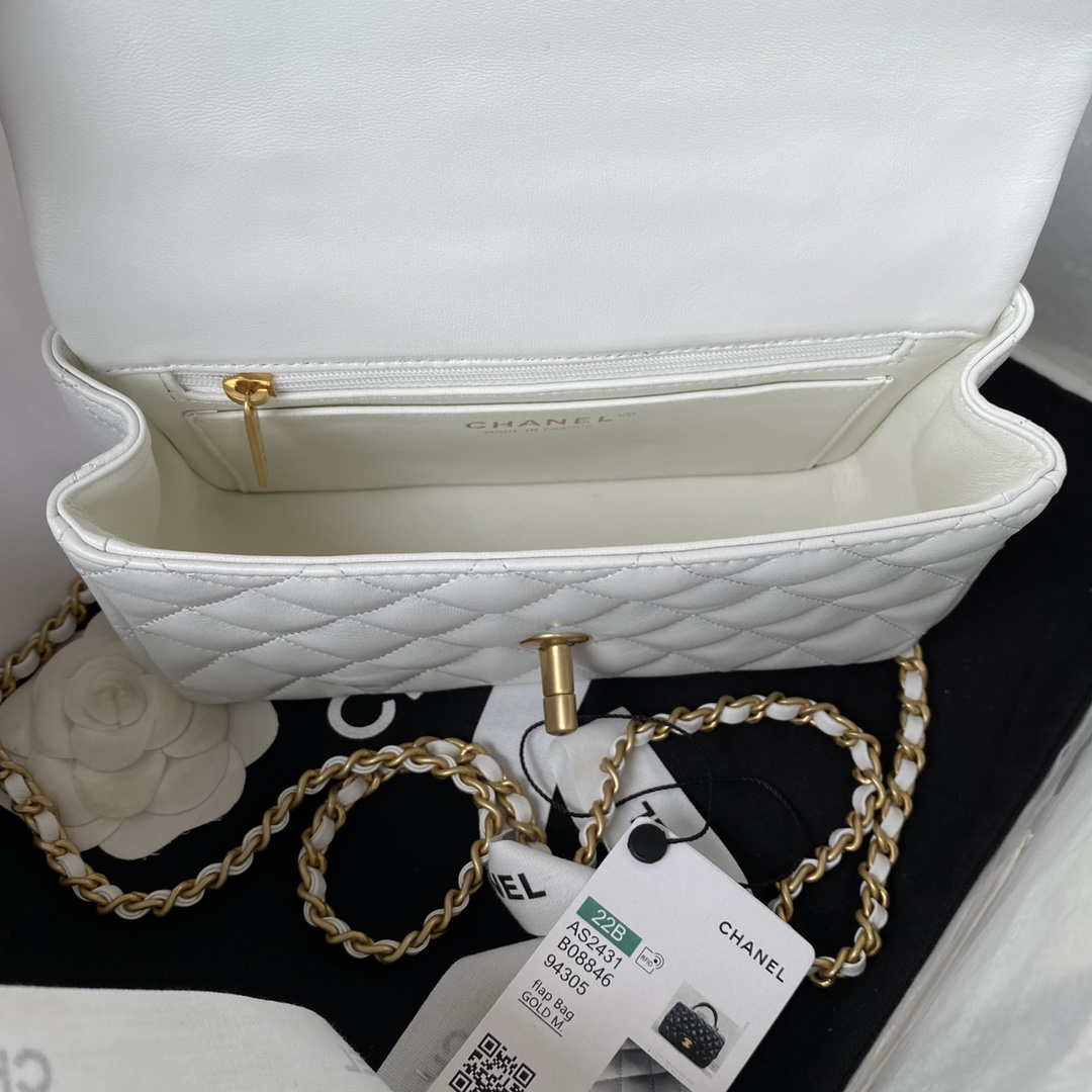 Chanel AS2431 Mini flap White Lambskin bag with top handle Gold | chanel as2431 mini flap white lambskin bag with top handle gold 007