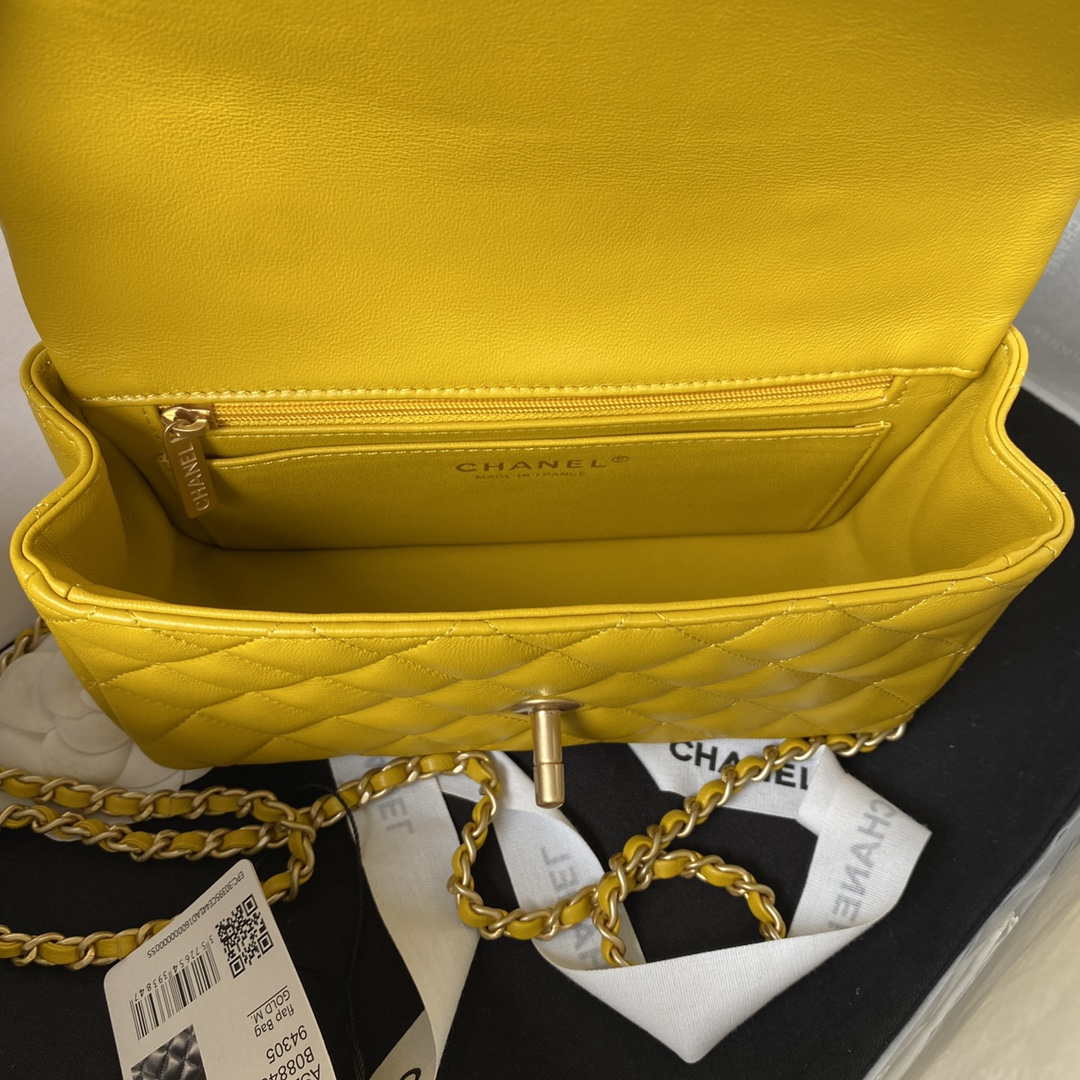 Chanel AS2431 Mini flap Yellow Lambskin bag with top handle Gold | chanel as2431 mini flap yellow lambskin bag with top handle gold 007