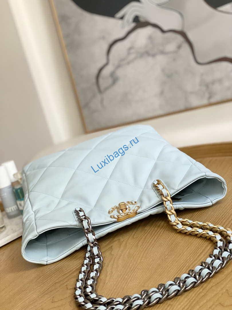 Chanel AS3519 CHANEL19 Shopping Bag Shiny Lambskin Light Blue | chanel as3519 chanel19 shopping bag shiny lambskin light blue 005