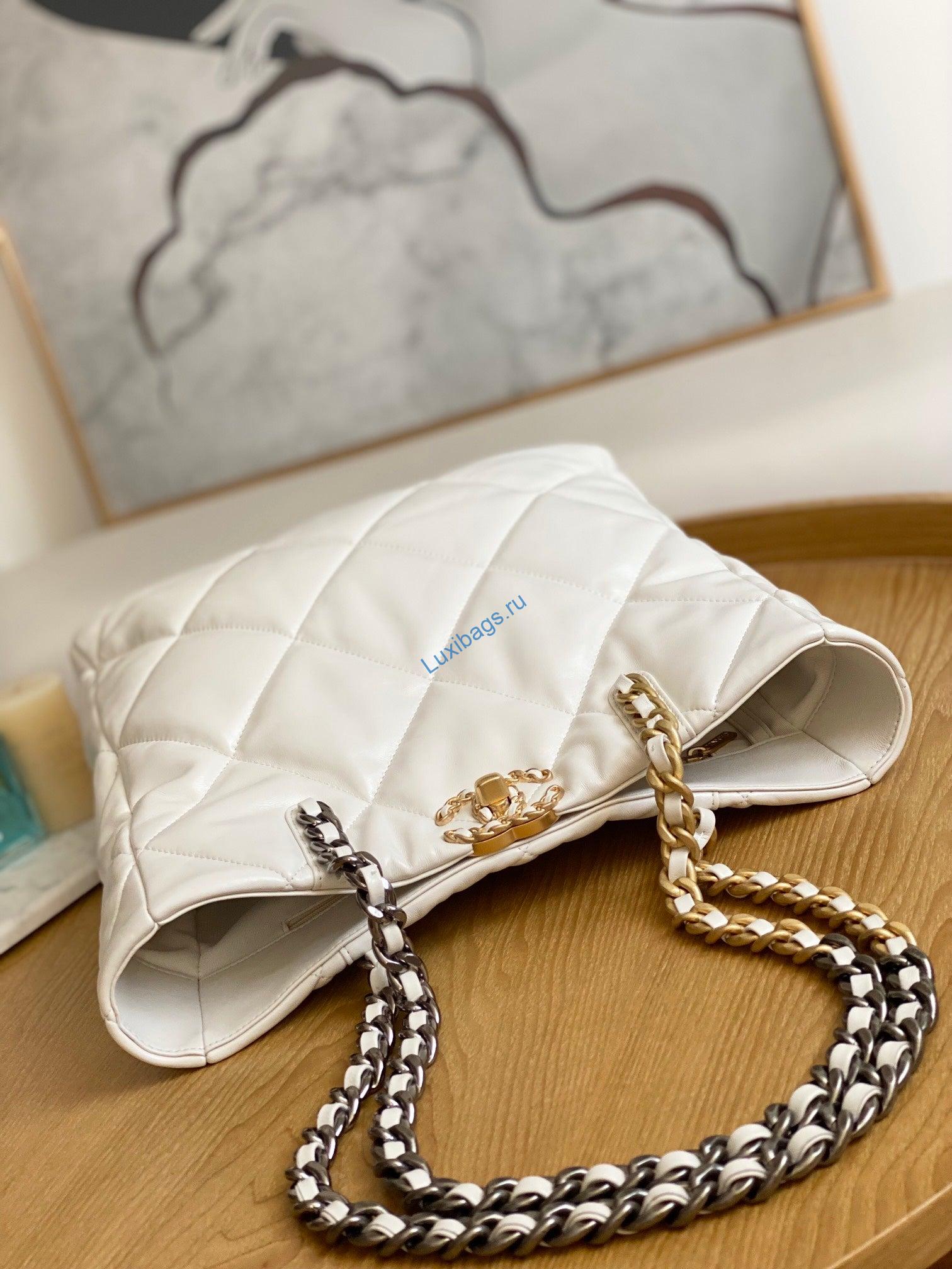 Chanel AS3519 CHANEL19 Shopping Bag Shiny Lambskin White | chanel as3519 chanel19 shopping bag shiny lambskin white 005