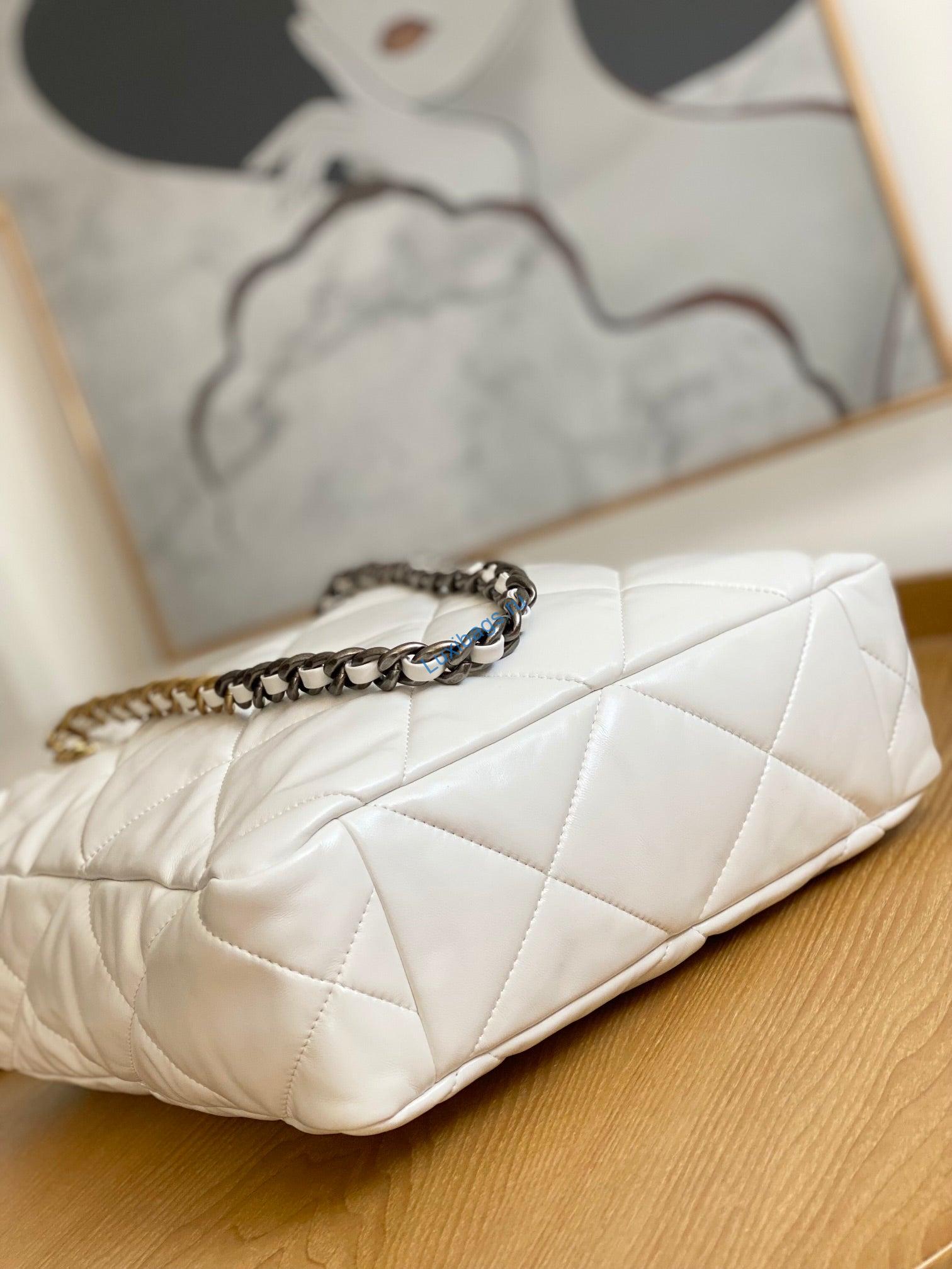 Chanel AS3519 CHANEL19 Shopping Bag Shiny Lambskin White | chanel as3519 chanel19 shopping bag shiny lambskin white 009