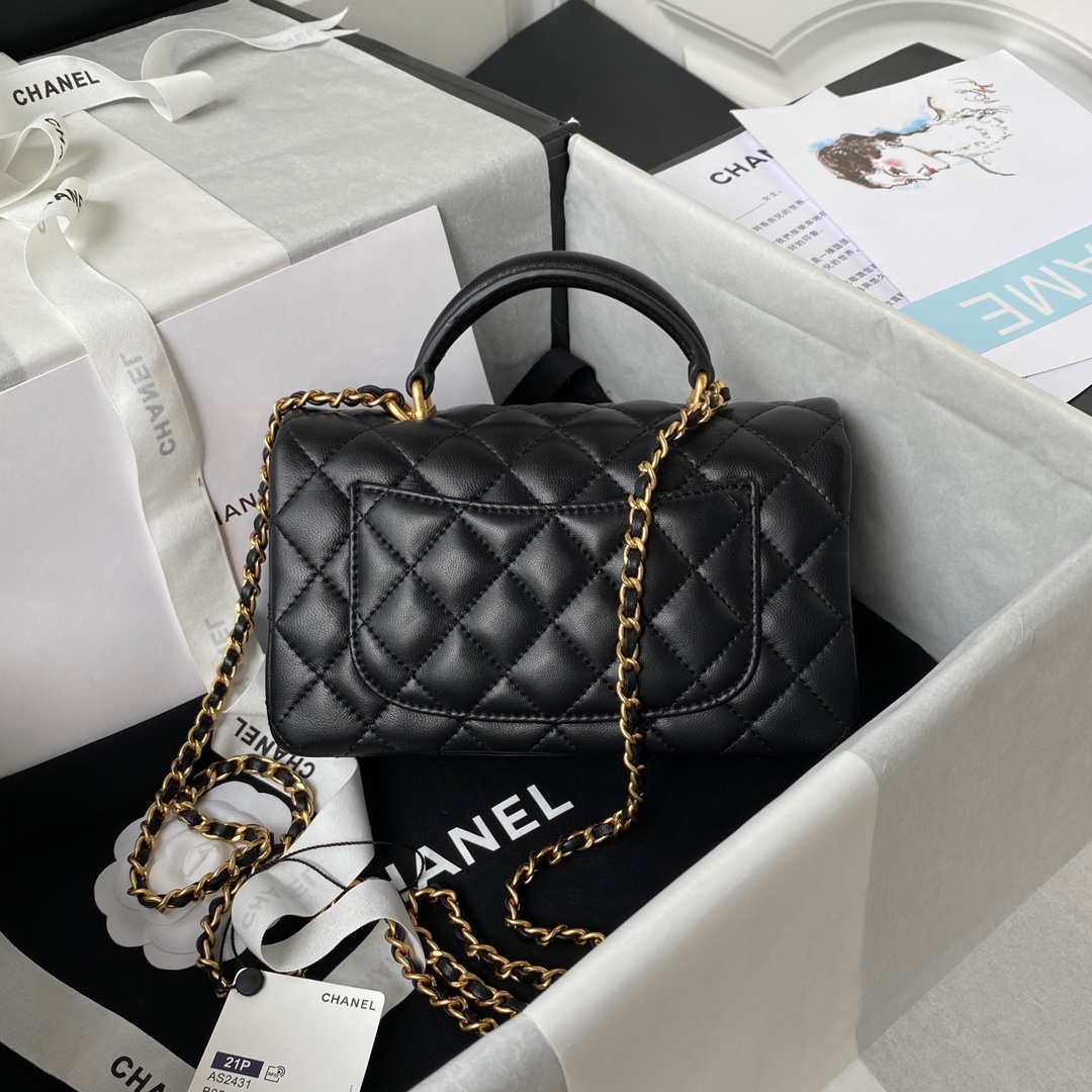 Chanel Mini flap Lambskin bag with top handle AS2431 Black gold | chanel mini flap lambskin bag with top handle as2431 black gold 002