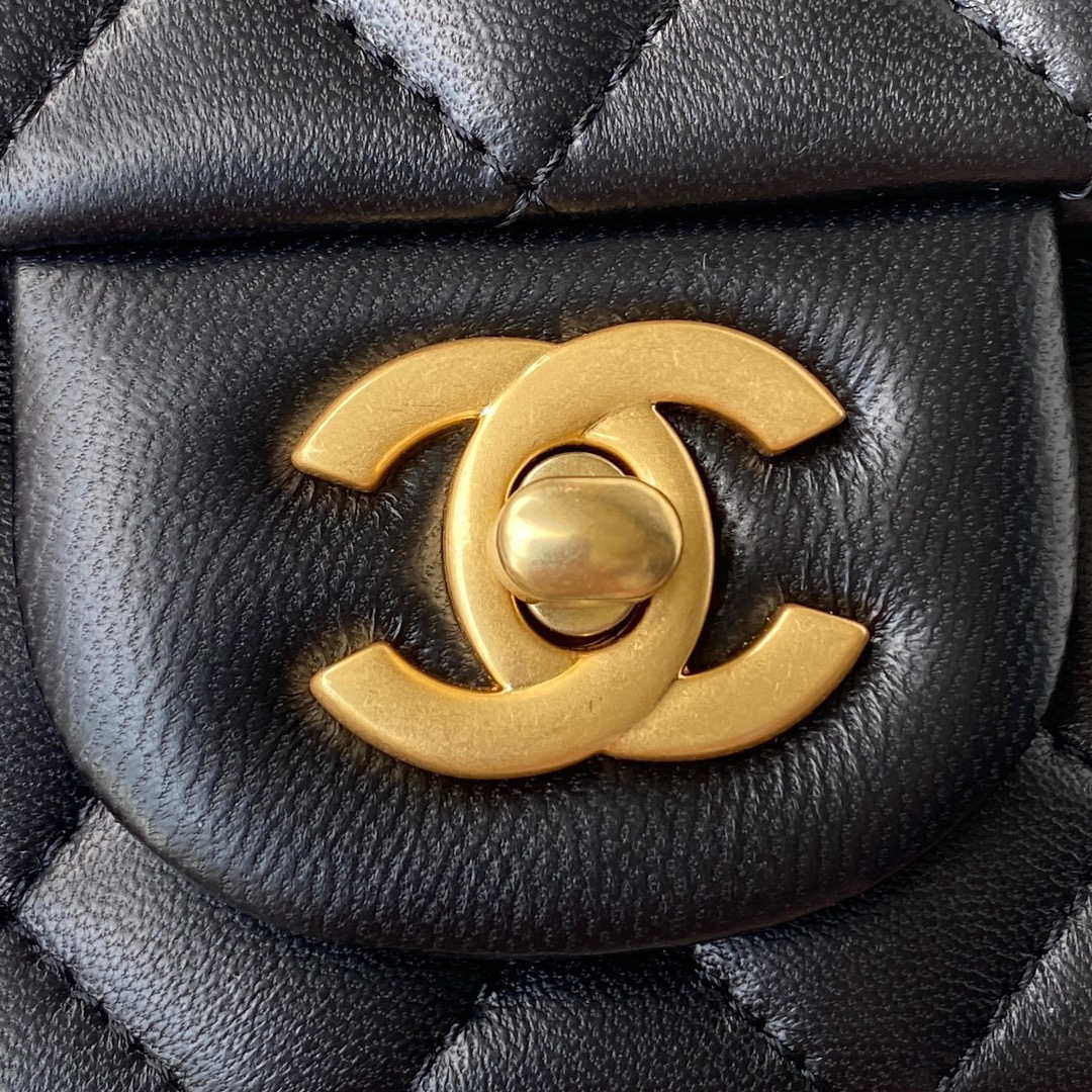 Chanel Mini flap Lambskin bag with top handle AS2431 Black gold | chanel mini flap lambskin bag with top handle as2431 black gold 003