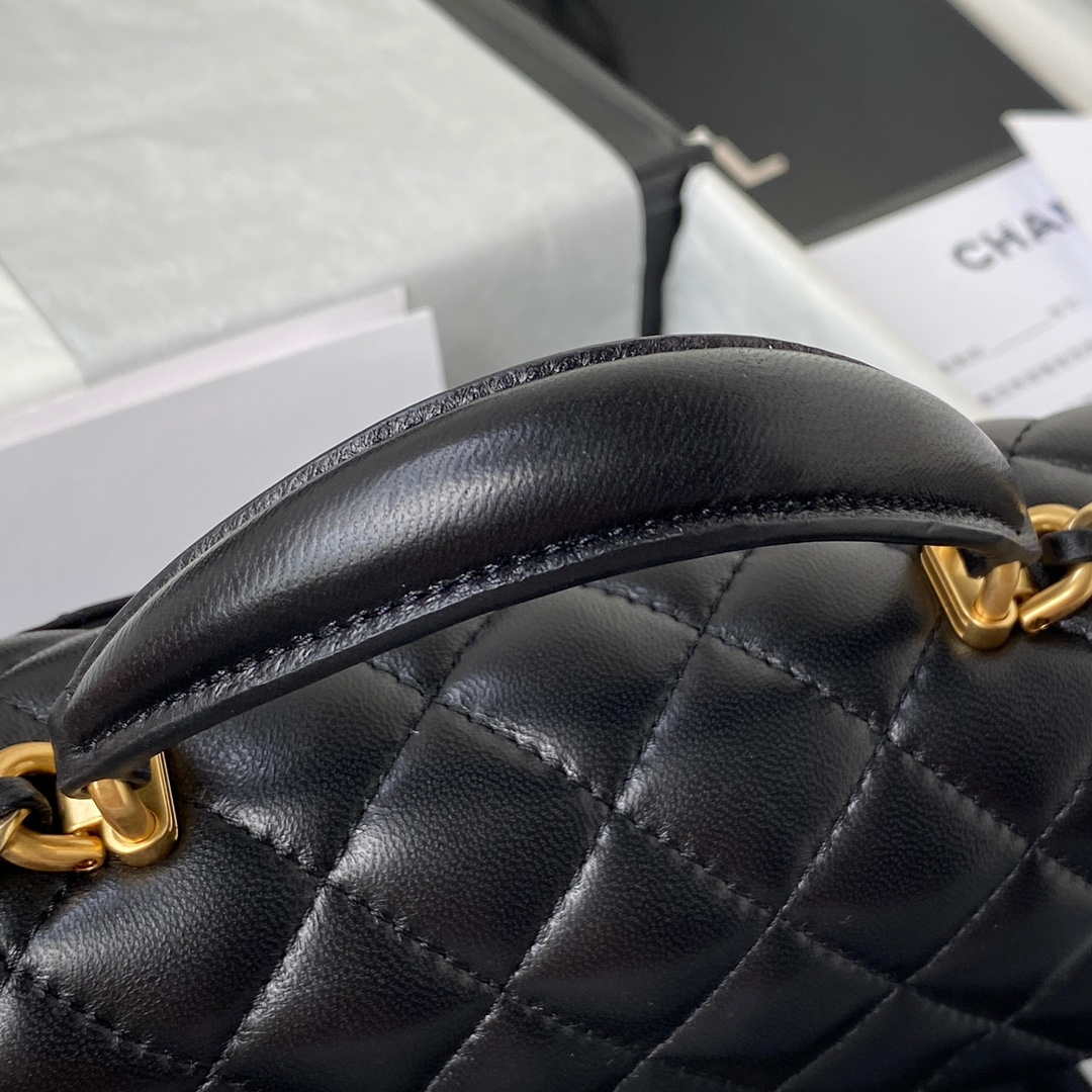 Chanel Mini flap Lambskin bag with top handle AS2431 Black gold | chanel mini flap lambskin bag with top handle as2431 black gold 004