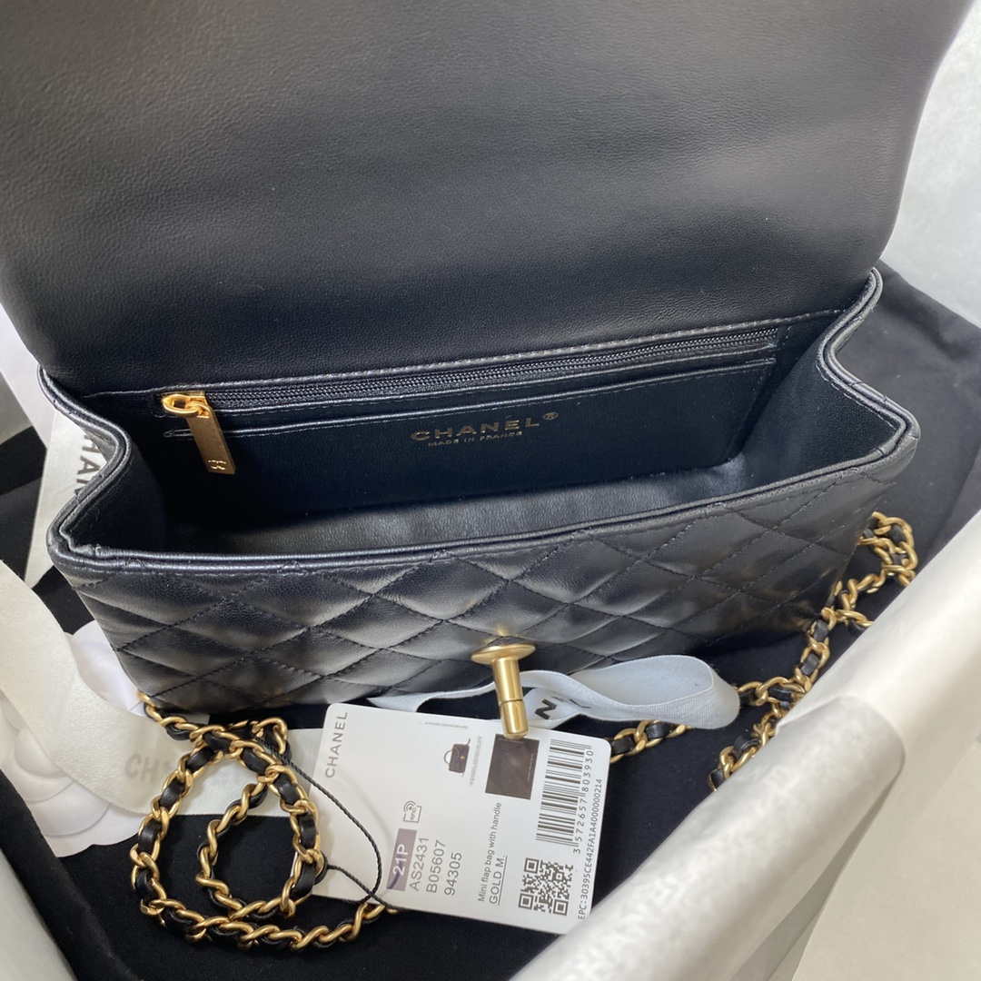 Chanel Mini flap Lambskin bag with top handle AS2431 Black gold | chanel mini flap lambskin bag with top handle as2431 black gold 006