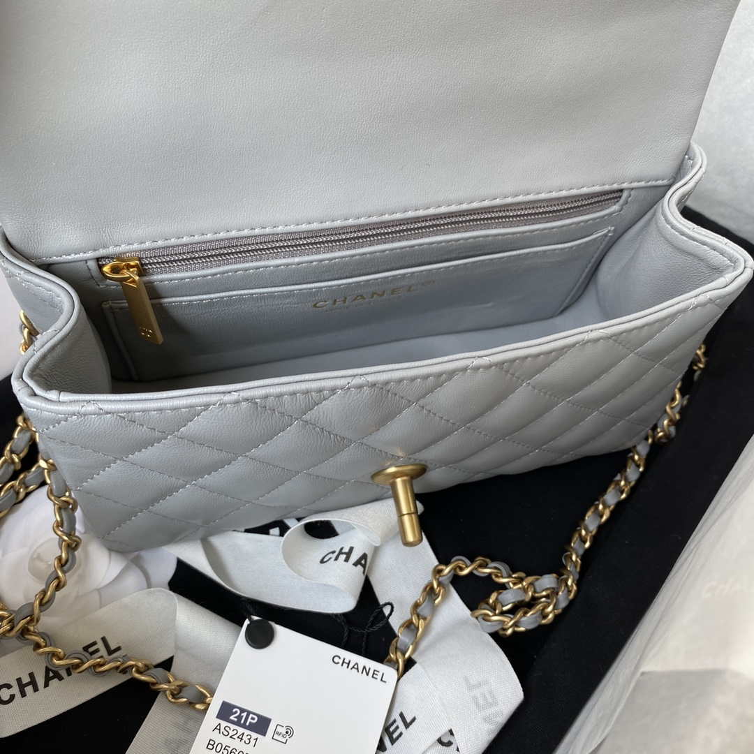 Chanel Mini flap Lambskin bag with top handle AS2431 Gray gold | chanel mini flap lambskin bag with top handle as2431 gray gold 007