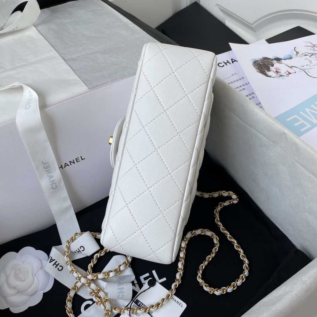 Chanel Mini flap Lambskin bag with top handle AS2431 White gold | chanel mini flap lambskin bag with top handle as2431 white gold 005