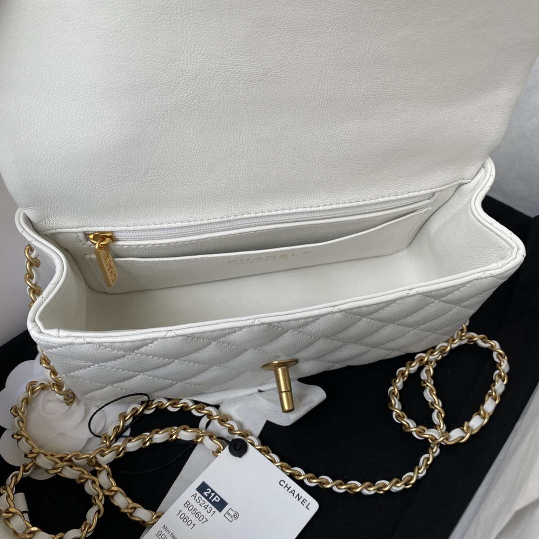 Chanel Mini flap Lambskin bag with top handle AS2431 White gold | chanel mini flap lambskin bag with top handle as2431 white gold 006