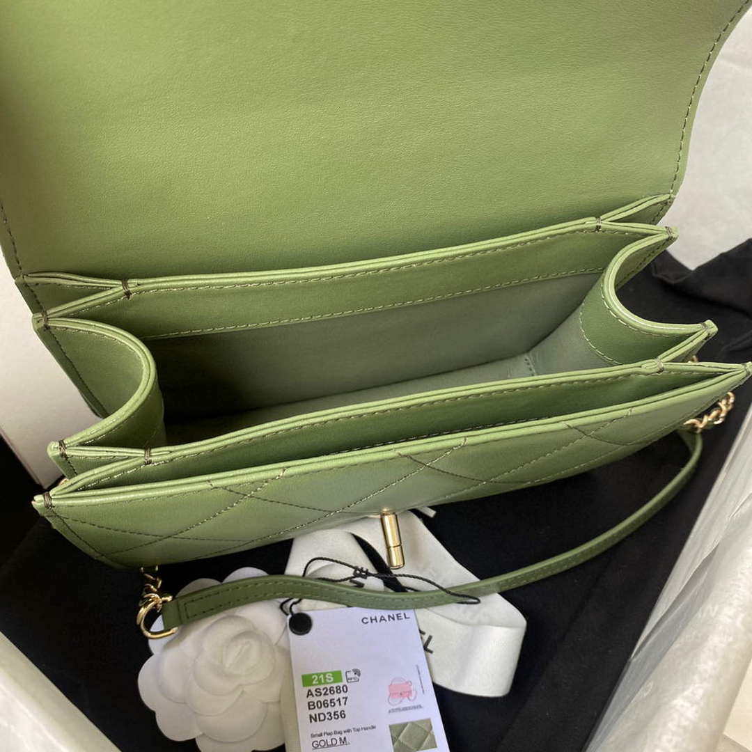 Chanel Small Flap Bag With top Handle Calfskin CC AS2680 Green | chanel small flap bag with top handle cc as2690 green 007