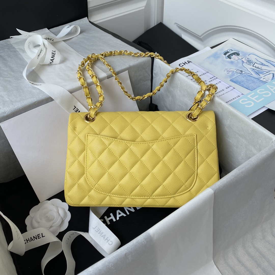 Chanel A01113 Flap Handbag Classic Bag Grained shiny Calfskin Yellow Gold | chanel a01113 flap handbag classic bag grained shiny calfskin yellow gold 002