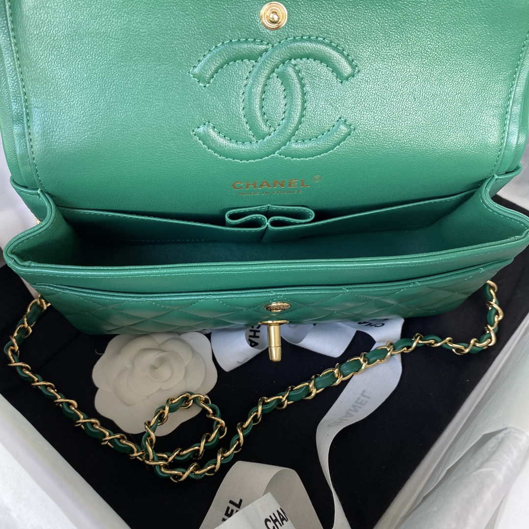 Chanel A01113 Flap Handbag Classic Bag Lambskin Green Gold | chanel a01113 flap handbag classic bag lambskin green gold 007