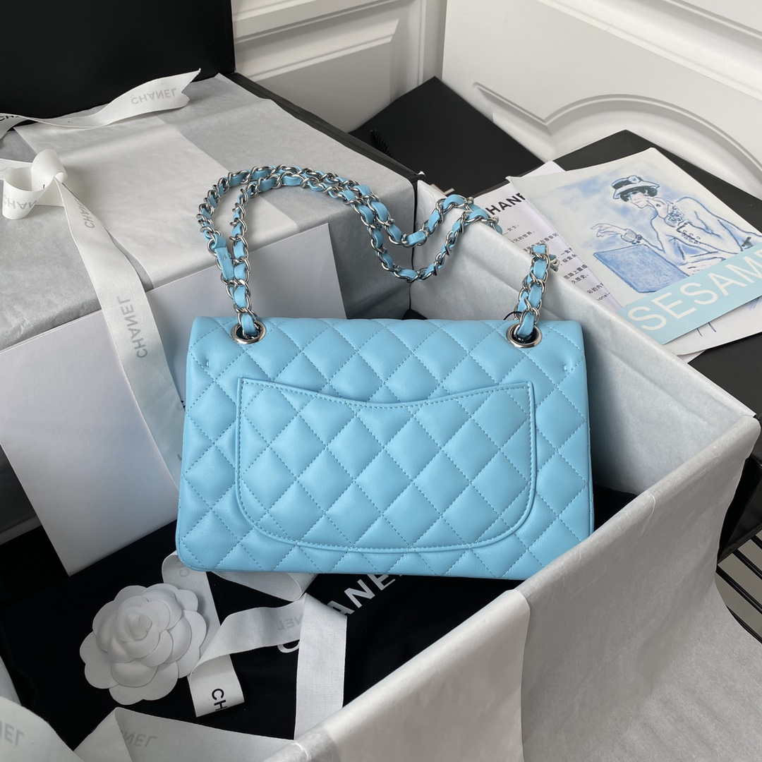 Chanel A01113 Flap Handbag Classic Bag Lake Blue Lambskin Silver | chanel a01113 flap handbag classic bag lambskin lake blue silver 002