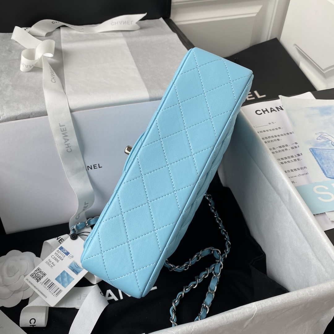 Chanel A01113 Flap Handbag Classic Bag Lake Blue Lambskin Silver | chanel a01113 flap handbag classic bag lambskin lake blue silver 006