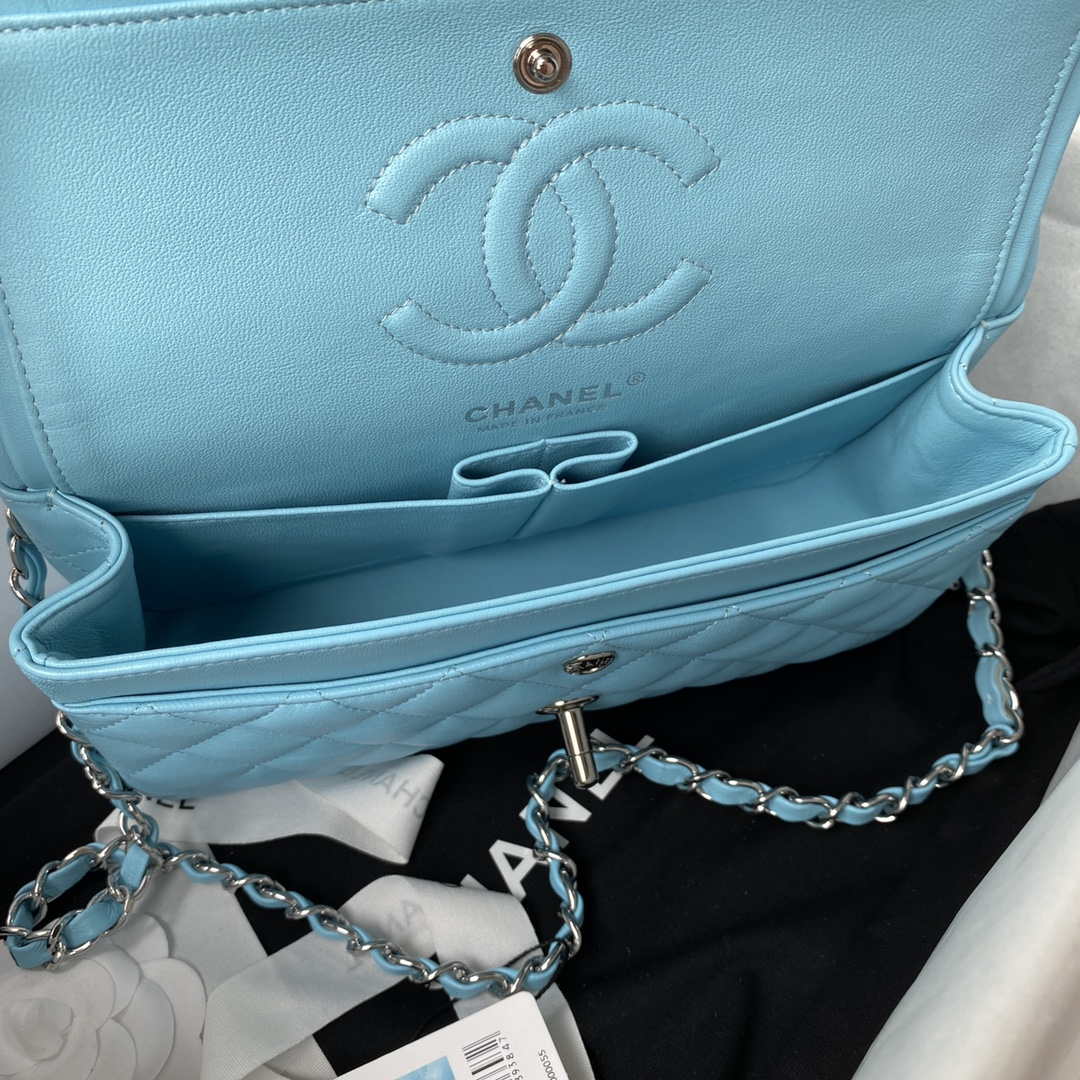 Chanel A01113 Flap Handbag Classic Bag Lake Blue Lambskin Silver | chanel a01113 flap handbag classic bag lambskin lake blue silver 007