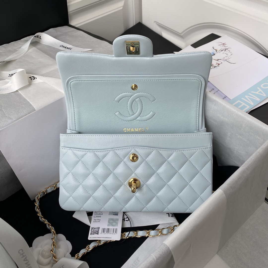 Chanel A01113 Flap Handbag Classic Bag Lambskin Light Blue Gold | chanel a01113 flap handbag classic bag lambskin light blue gold 006