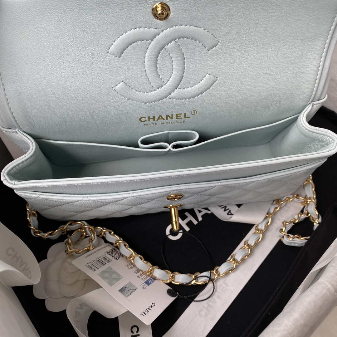 Chanel A01113 Flap Handbag Classic Bag Lambskin Light Blue Gold | chanel a01113 flap handbag classic bag lambskin light blue gold 007