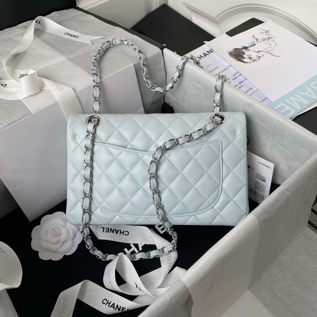 Chanel A01113 Flap Handbag Classic Bag Lambskin Light Blue Silver | chanel a01113 flap handbag classic bag lambskin light blue silver 002