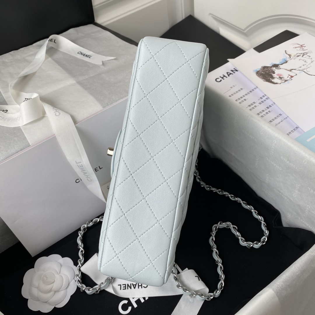 Chanel A01113 Flap Handbag Classic Bag Lambskin Light Blue Silver | chanel a01113 flap handbag classic bag lambskin light blue silver 006