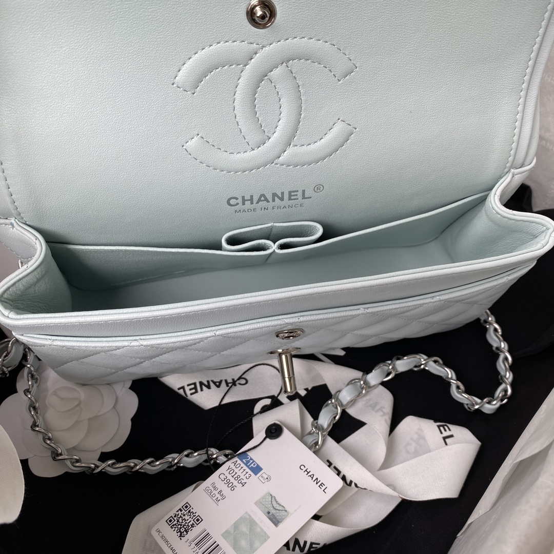 Chanel A01113 Flap Handbag Classic Bag Lambskin Light Blue Silver | chanel a01113 flap handbag classic bag lambskin light blue silver 007