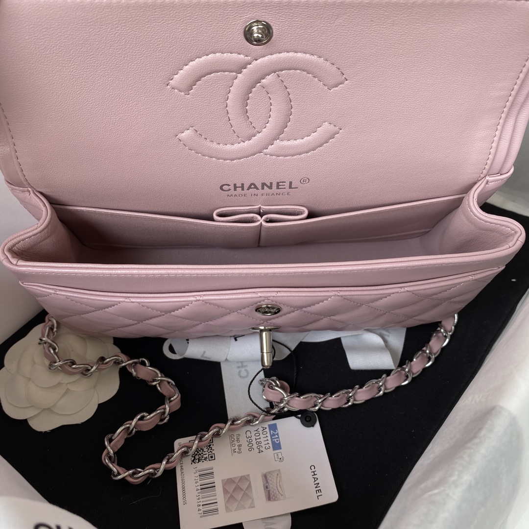 Chanel A01113 Flap Handbag Classic Bag Lambskin Light Pink Silver | chanel a01113 flap handbag classic bag lambskin light pink silver 007