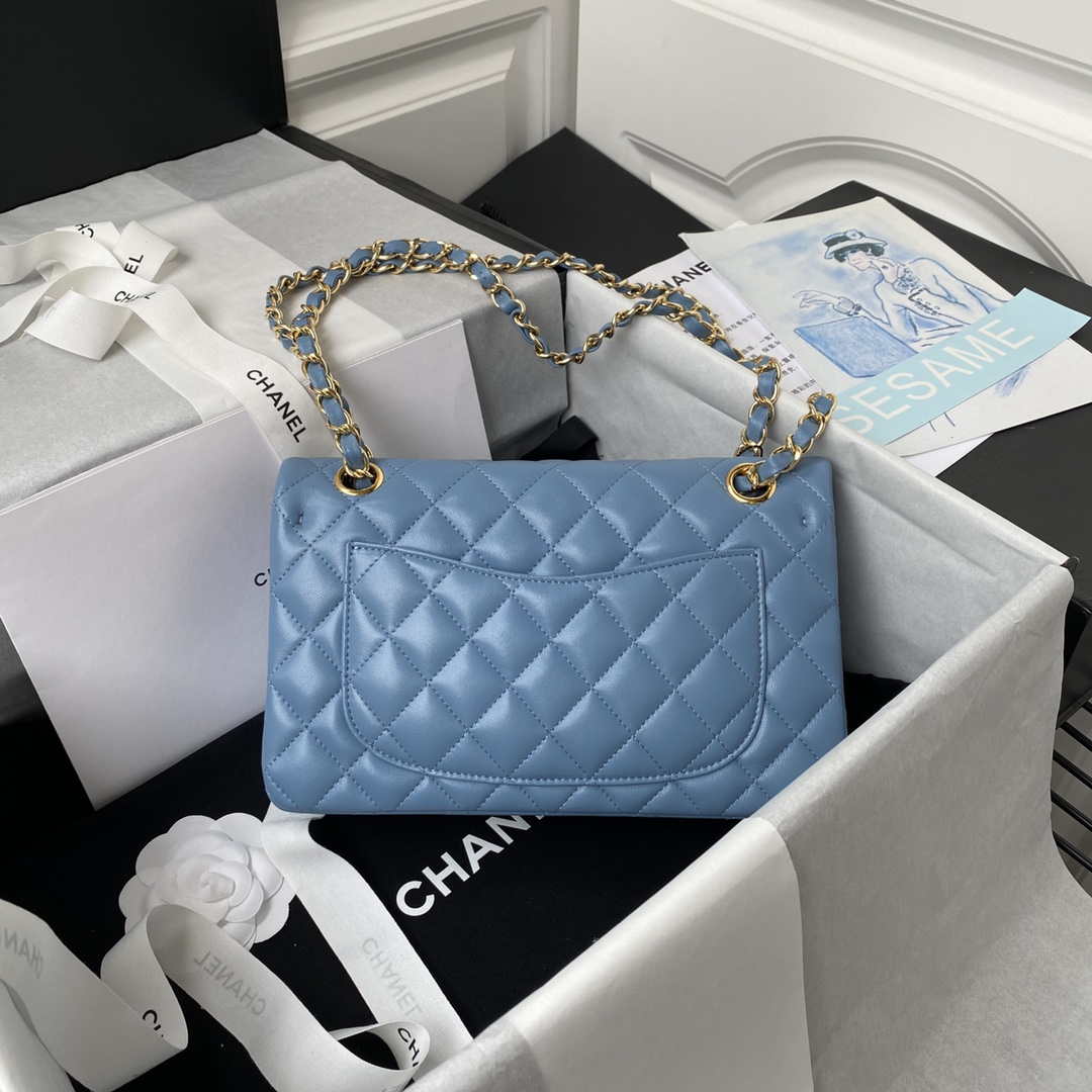 Chanel A01113 Flap Handbag Classic Bag Lambskin Sky Blue Gold | chanel a01113 flap handbag classic bag lambskin sky blue gold 002