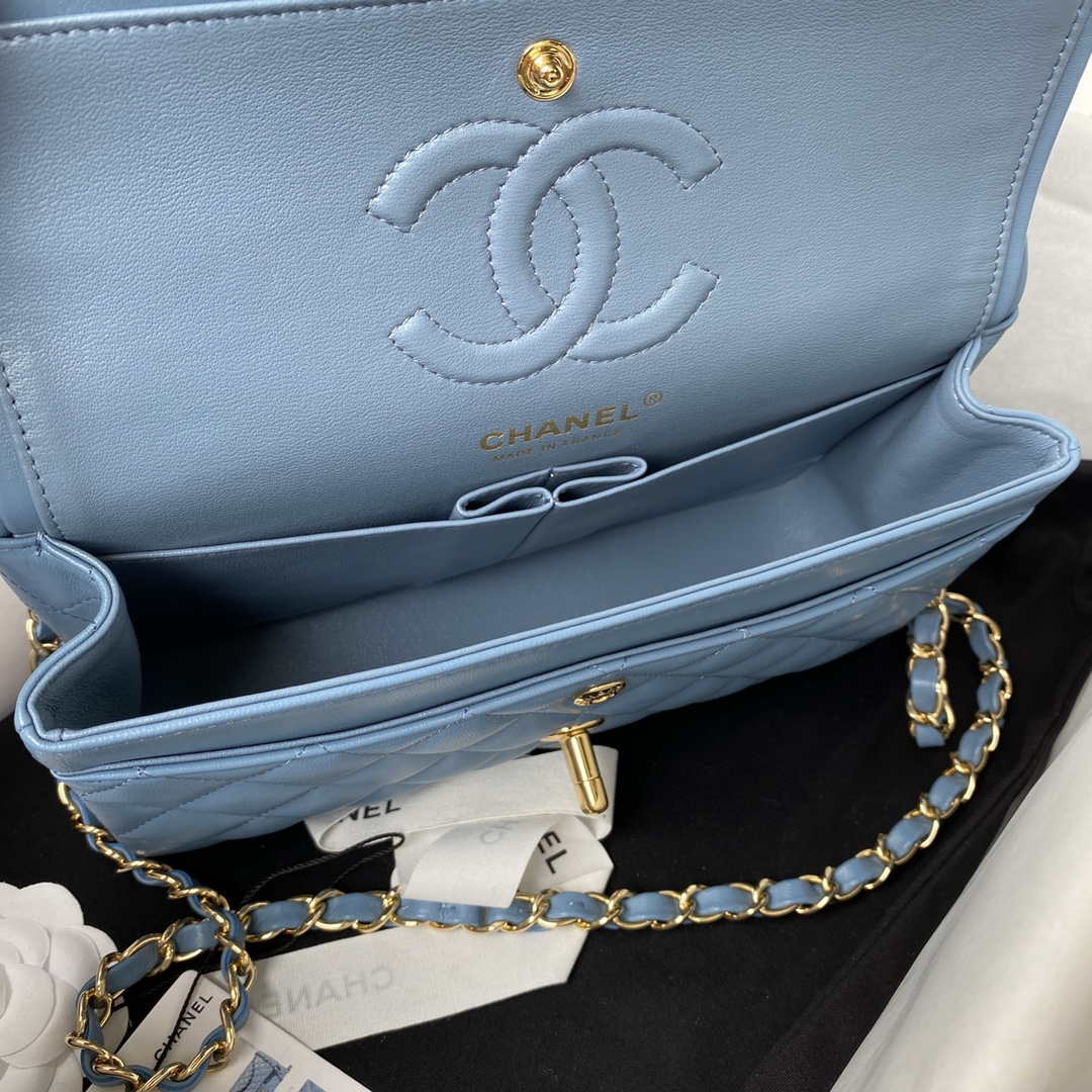 Chanel A01113 Flap Handbag Classic Bag Lambskin Sky Blue Gold | chanel a01113 flap handbag classic bag lambskin sky blue gold 006