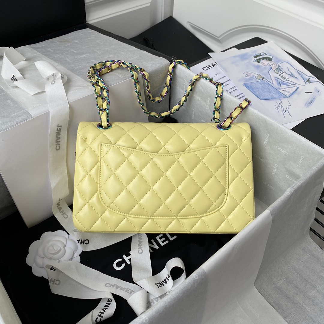 Chanel A01113 Flap Handbag Classic Bag Yellow Lambskin with Blue Hardware | chanel a01113 flap handbag classic bag yellow lambskin with blue hardware 002