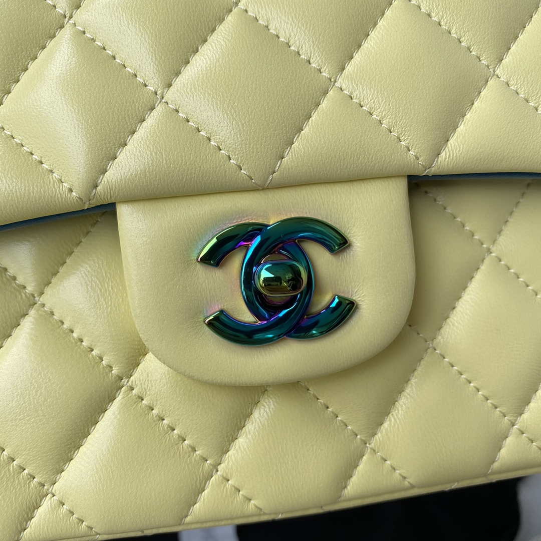 Chanel A01113 Flap Handbag Classic Bag Yellow Lambskin with Blue Hardware | chanel a01113 flap handbag classic bag yellow lambskin with blue hardware 003