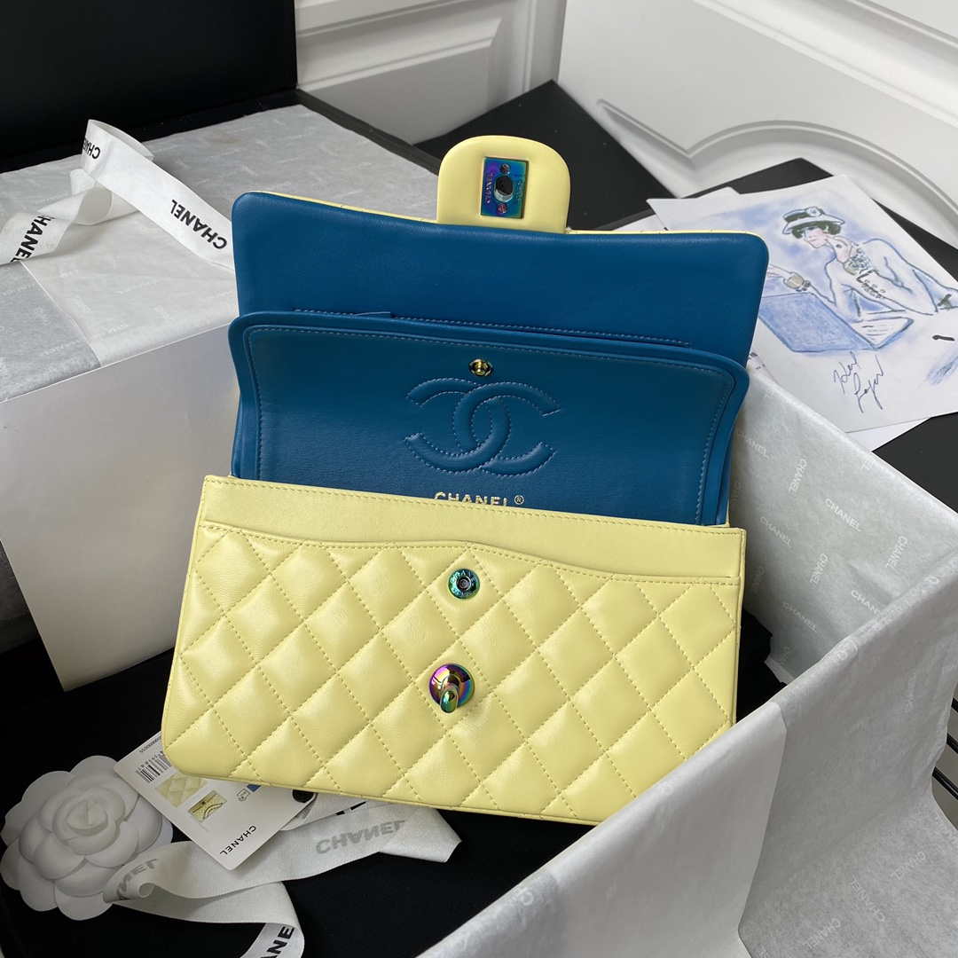 Chanel A01113 Flap Handbag Classic Bag Yellow Lambskin with Blue Hardware | chanel a01113 flap handbag classic bag yellow lambskin with blue hardware 007