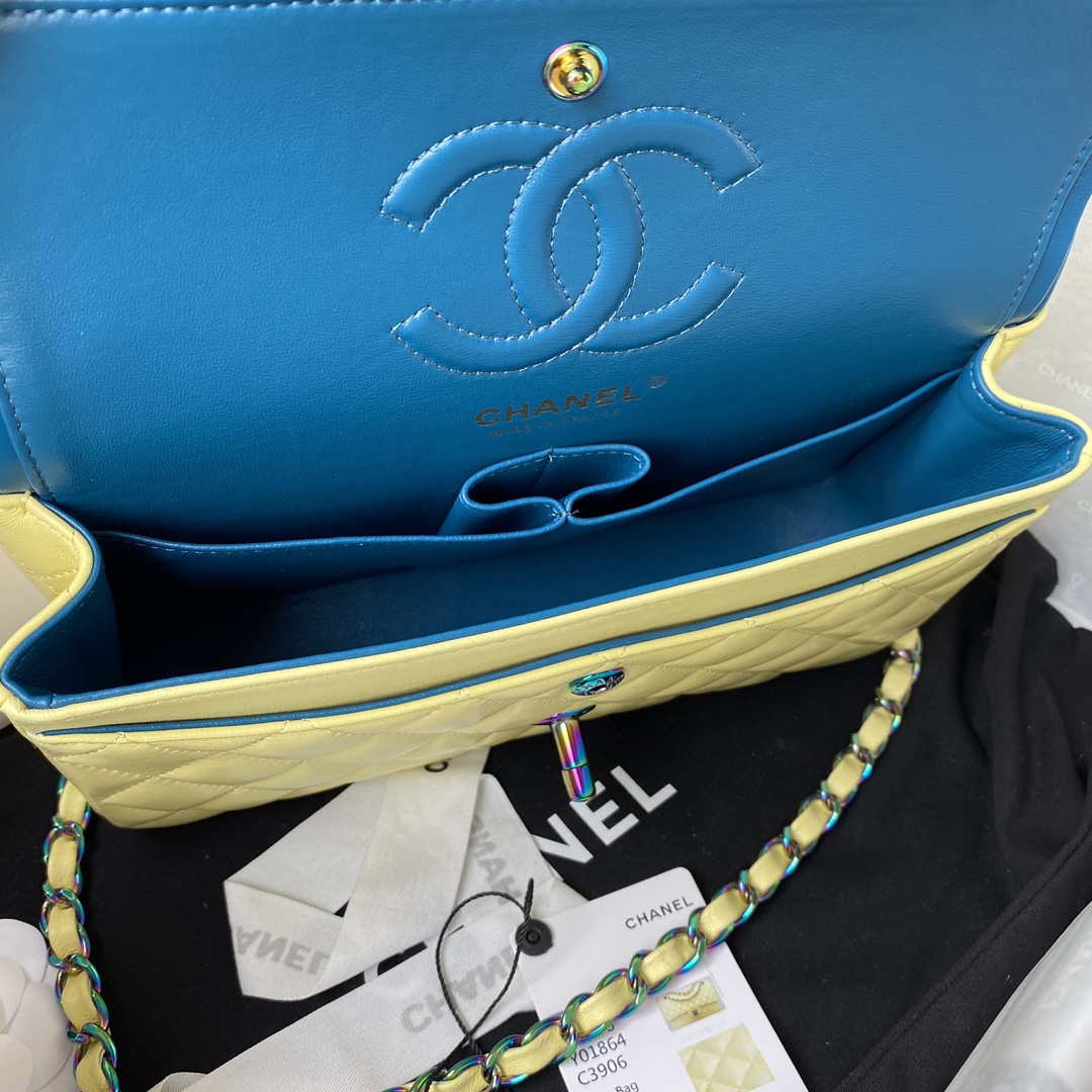 Chanel A01113 Flap Handbag Classic Bag Yellow Lambskin with Blue Hardware | chanel a01113 flap handbag classic bag yellow lambskin with blue hardware 008