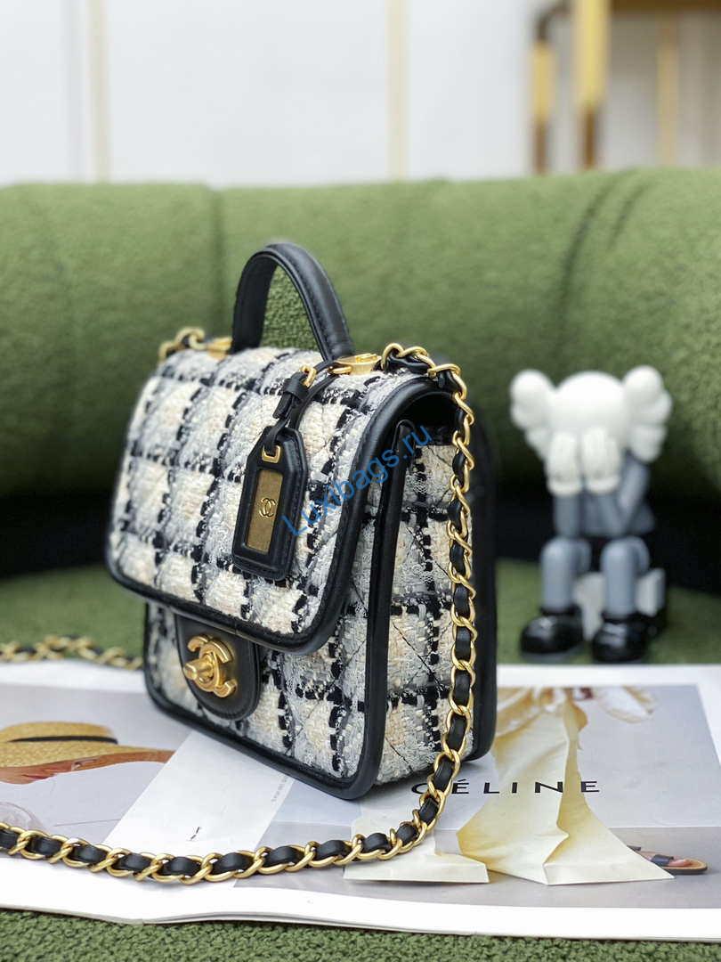Chanel AS3652 Small Flap Bag with Top Handle Cotton & Wool Tweed & Gold-Tone Metal Grey and Beige | chanel as3652 small flap bag with top handle cotton wool tweed gold tone metal grey and beige 005