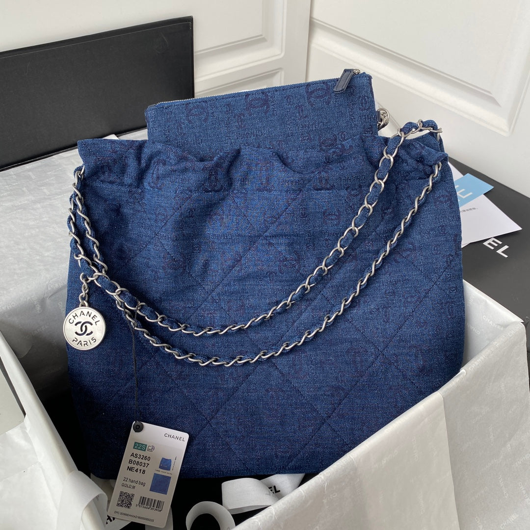 Chanel 22 Handbag Silver-Tone Metal Canvas AS3260 Blue denim | chanel 22 handbag slive tone metal canvas as3260 blue denim 002