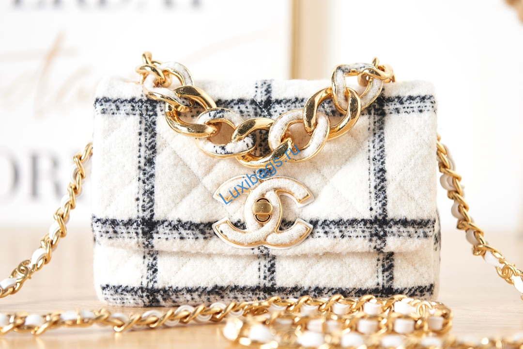 Chanel AS3611 Small Flap Bag Wool Tweed & Gold-Tone Metal White | chanel as3611 small flap bag wool tweed gold tone metal white 002