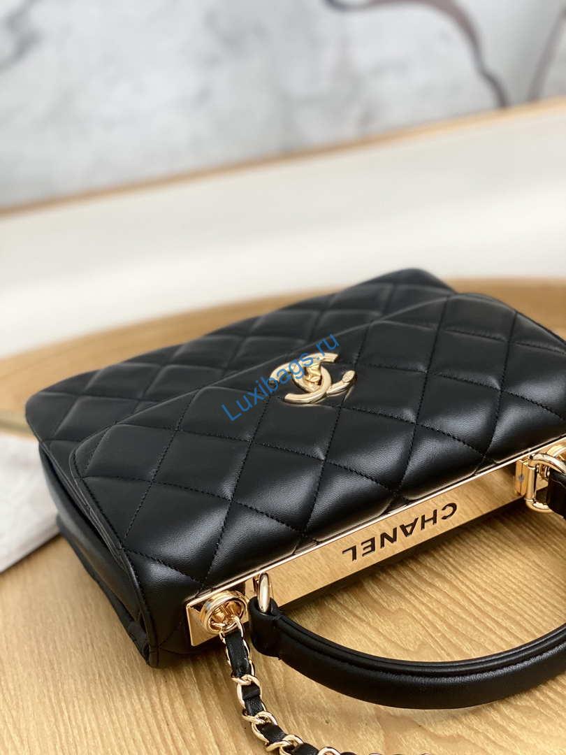 Chanel Small Trendy CC Flap Bag With Top Handle Lambskin bag A92236 Black Gold Round | chanel small trendy cc flap bag with top handle lambskin bag a92236 black gold round 005