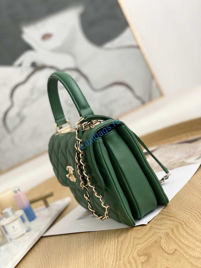 Chanel Small Trendy CC Flap Bag With Top Handle Lambskin bag A92236 Green Gold | chanel small trendy cc flap bag with top handle lambskin bag a92236 green gold 004