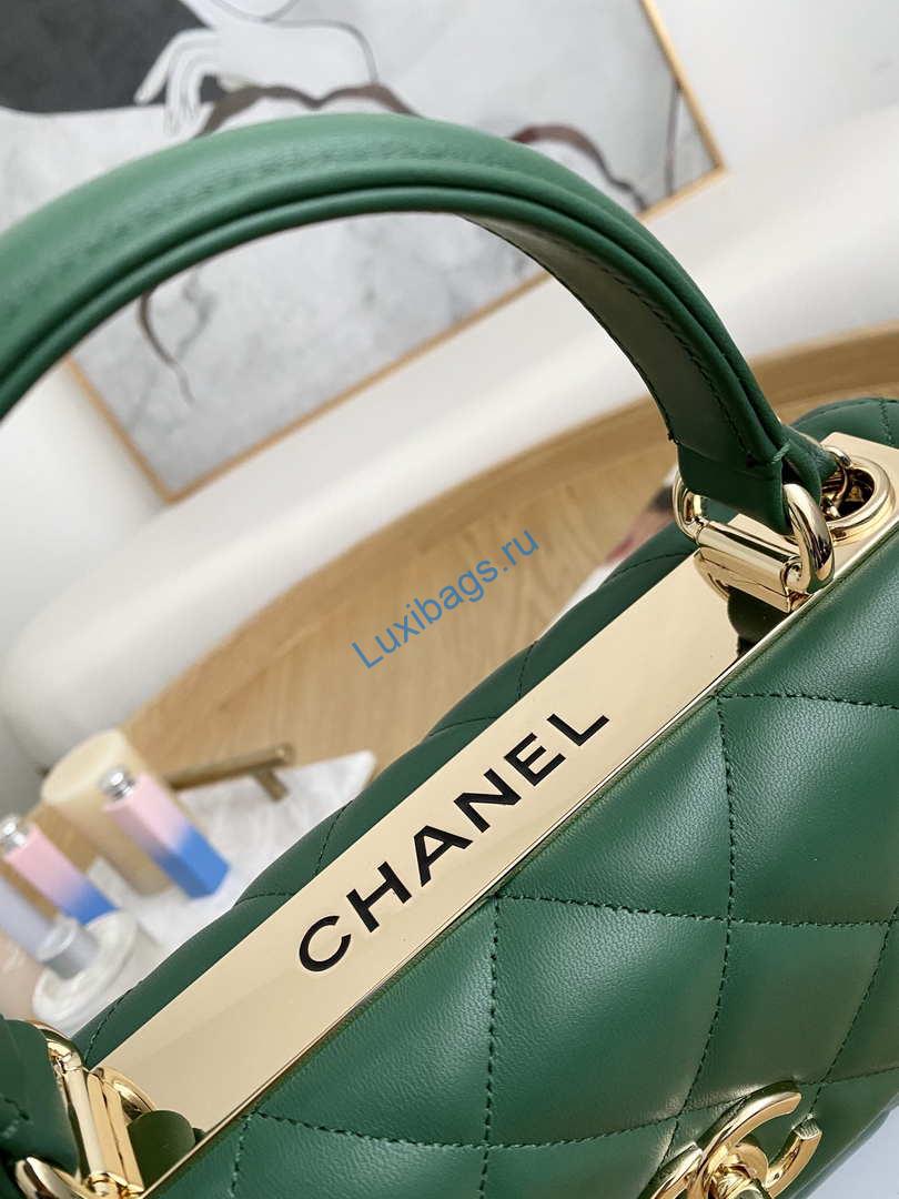 Chanel Small Trendy CC Flap Bag With Top Handle Lambskin bag A92236 Green Gold | chanel small trendy cc flap bag with top handle lambskin bag a92236 green gold 005