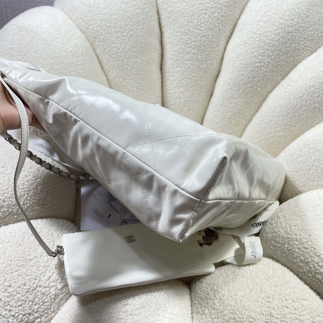 Chanel 22 Large Handbag Shiny Calfskin AS3262 White with Silver Logo | chanel 22 large handbag shiny calfskin as3262 white with silver logo 003