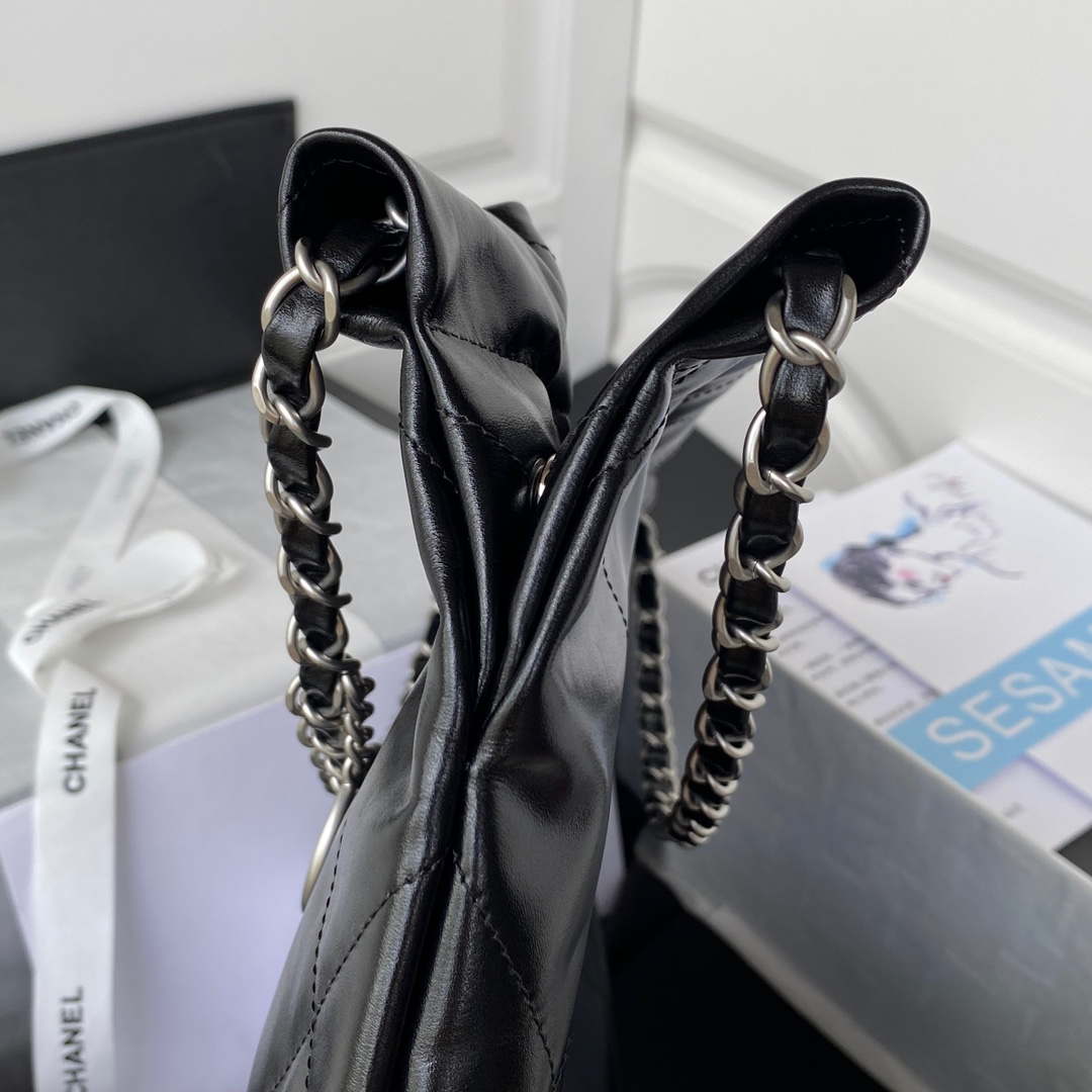 Chanel 22 Small Handbag Shiny Calfskin AS3260 Black with Silver Logo | chanel 22 small handbag shiny calfskin as3260 black with silver logo 005