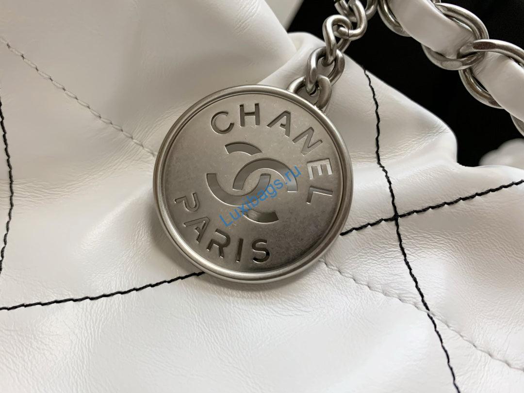 Chanel 22 Small Handbag Shiny Calfskin AS3260 White with Silver Logo | chanel 22 small handbag shiny calfskin as3260 white with silver logo 003