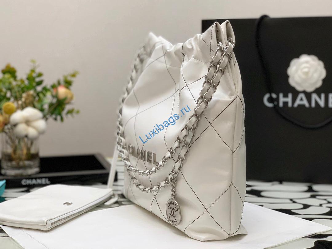 Chanel 22 Small Handbag Shiny Calfskin AS3260 White with Silver Logo | chanel 22 small handbag shiny calfskin as3260 white with silver logo 005