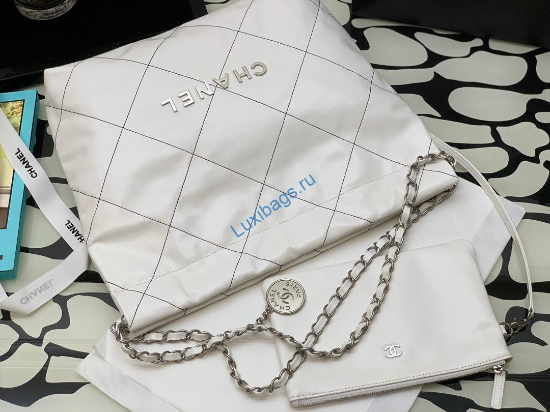 Chanel 22 Small Handbag Shiny Calfskin AS3260 White with Silver Logo | chanel 22 small handbag shiny calfskin as3260 white with silver logo 006
