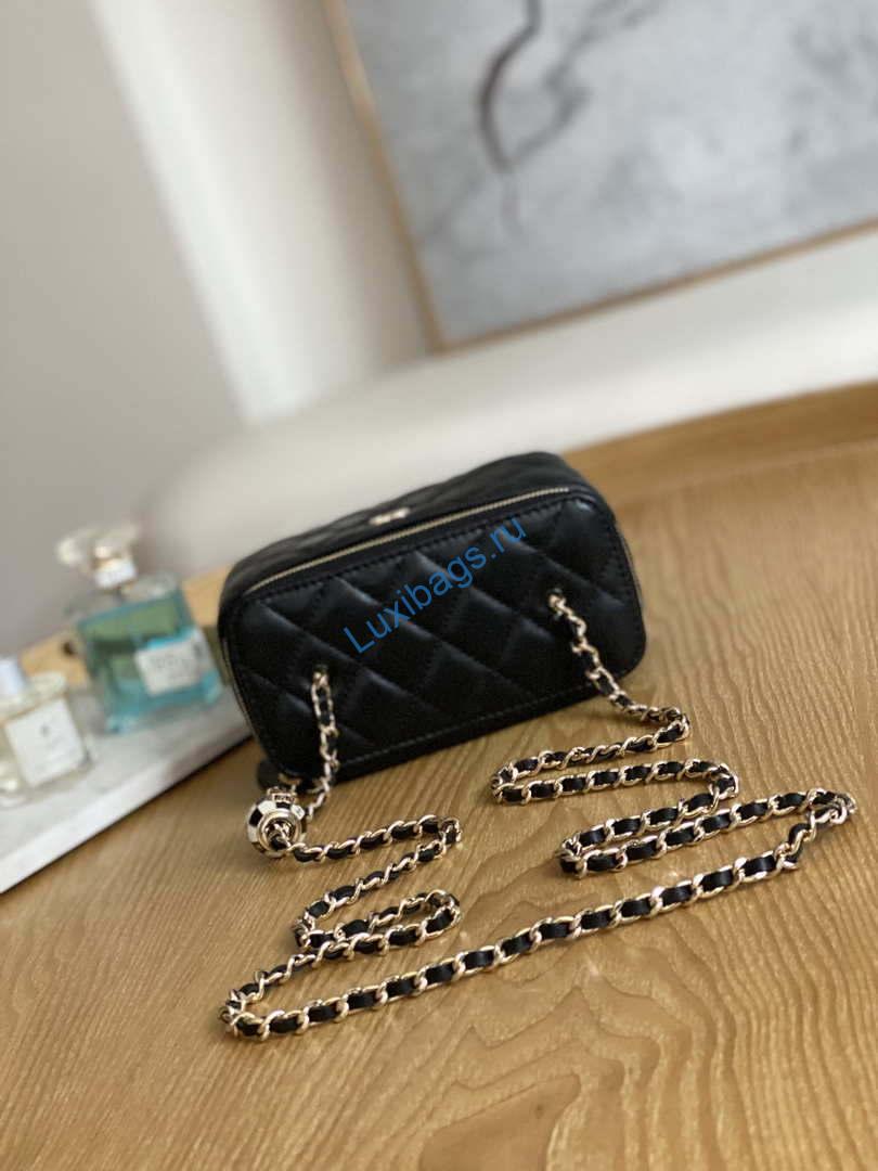Chanel A81242 Vanity with chain Lambskin Gold football Black | chanel a81242 vanity with chain lambskin gold football black 005