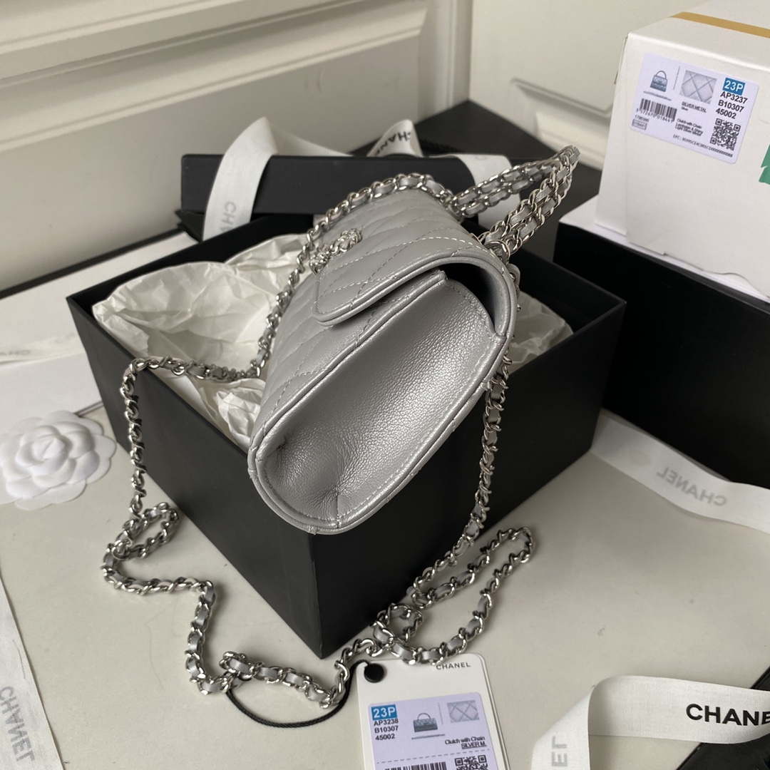 Chanel AP3238 Flap Chain Bag Gray Lambskin Gold With Handle Bag | chanel ap3238 flap chain bag gray lambskin gold with handle bag 004